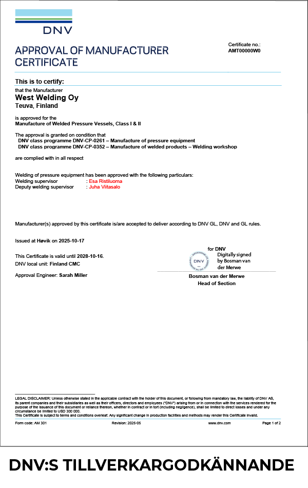 DNV TILLVERKARGODKÄNNANDE DNV TILLVERKARGODKÄNNANDE