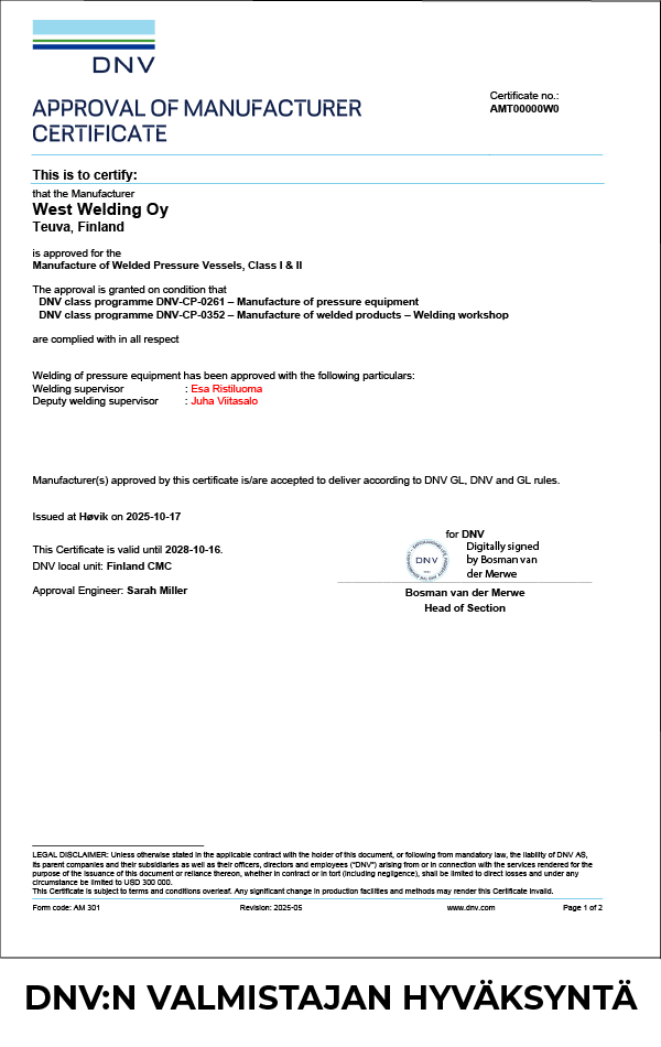 VALMISTAJAN HYVÄKSYNTÄ DNV VALMISTAJAN HYVÄKSYNTÄ DNV